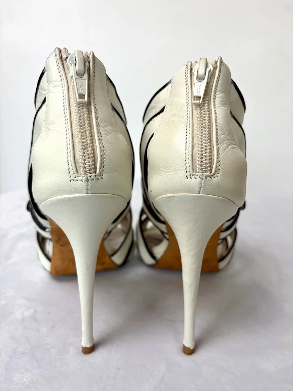 Jerome C Rousseau strappy leather high heels, buckle, black/white, EUC, 36.5